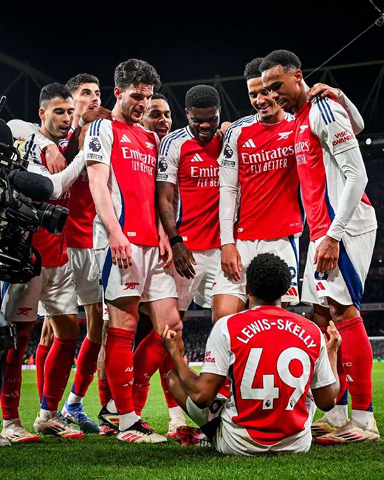 Myles Lewis-Skelly relaxes after scoring Arsenal's third.